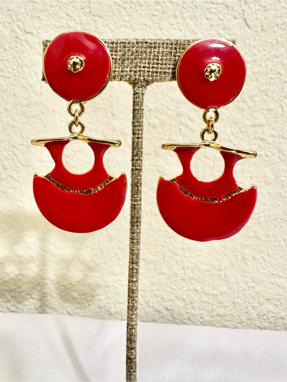 Vintage Gold Plated Red Enamel Crescent Drop Earrings w/ Gold Accent